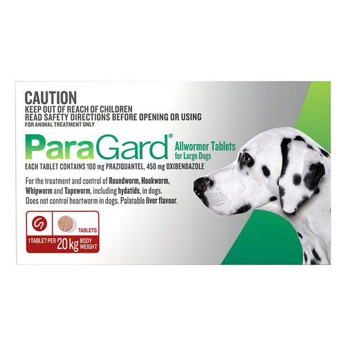 Paragard Intestinal Dog Wormer 20kg 12 month supply! 3 Tablets