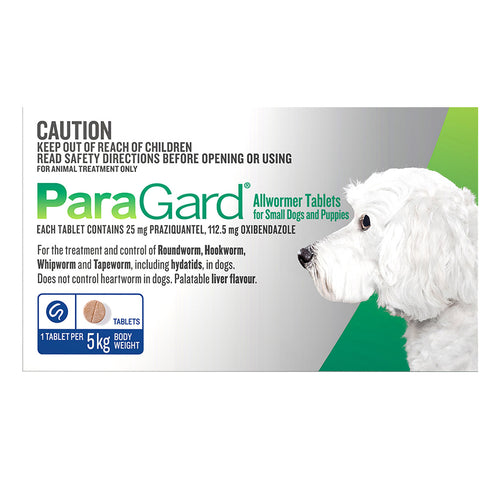Paragard Dog Allwormer 5kg; 12 month supply! 4 Tablets
